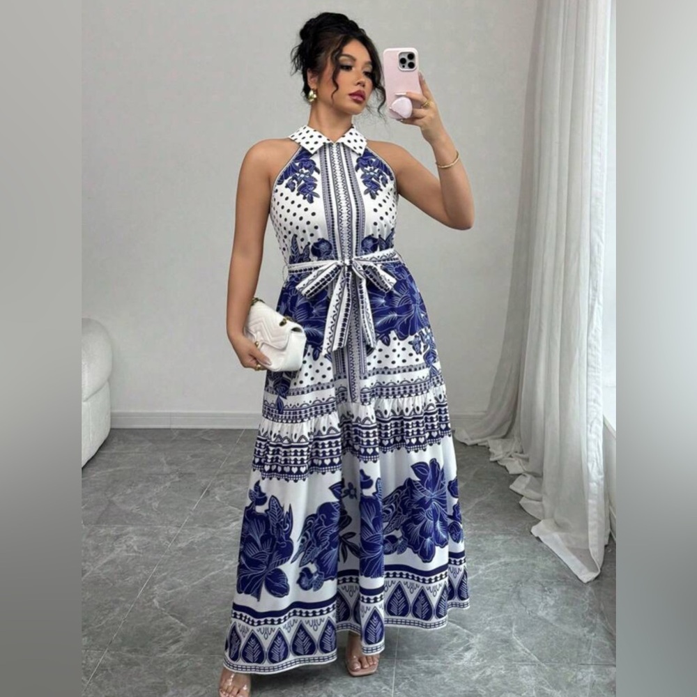 Elegant Blue and White Floral Maxi Dress